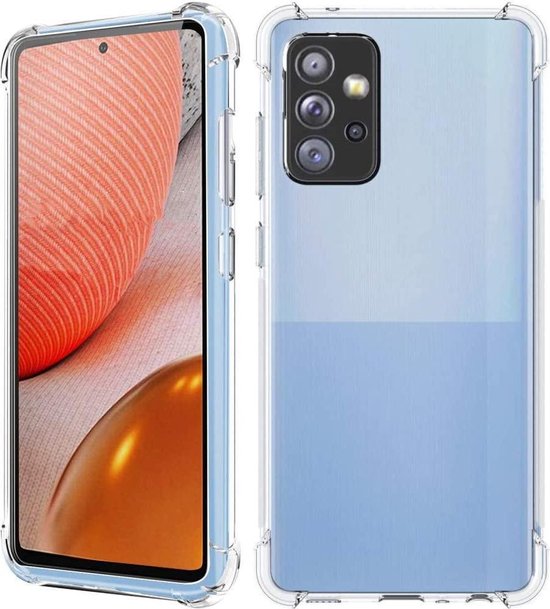 Voor- en achterkant van een transparante telefoonhoes met blauwe randen, op een telefoon met oranje-groen patroon.