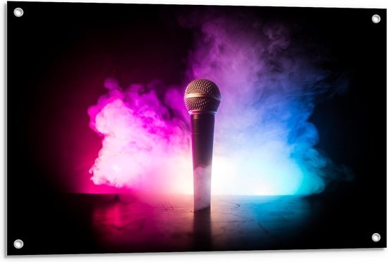 Tuinposter – Microfoon met Roze/Blauwe Rook - 90x60cm Foto op Tuinposter  (wanddecoratie voor buiten en binnen)