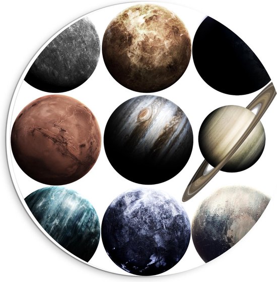 Forex Wandcirkel - Verschillende Planeten - 20x20cm Foto op Wandcirkel (met ophangsysteem)