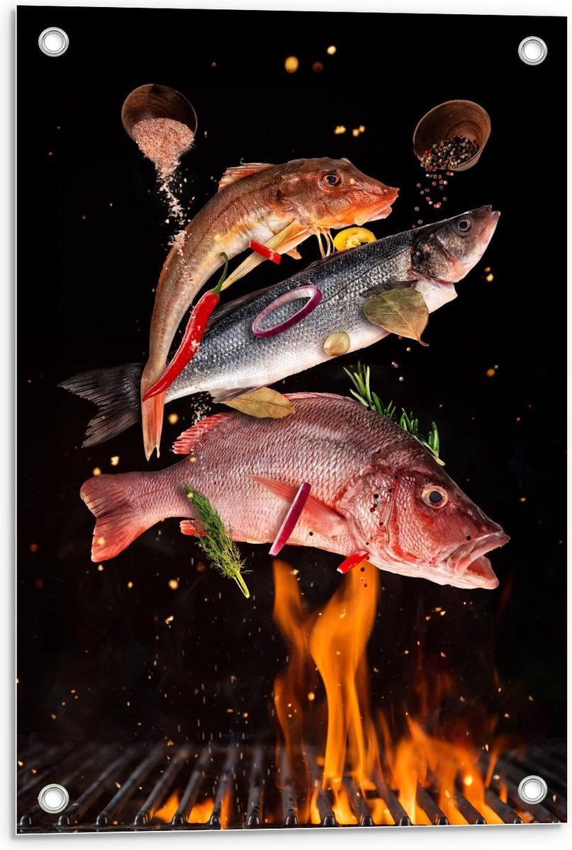 Tuinposter – Vissen met Specerijen op de BBQ - 40x60cm Foto op Tuinposter (wanddecoratie v