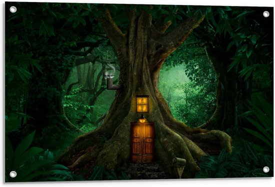 Poster de jardin – Maison dans un grand arbre en forêt - 90x60 cm Photo sur poster de jardin (décoration murale pour extérieur et intérieur)