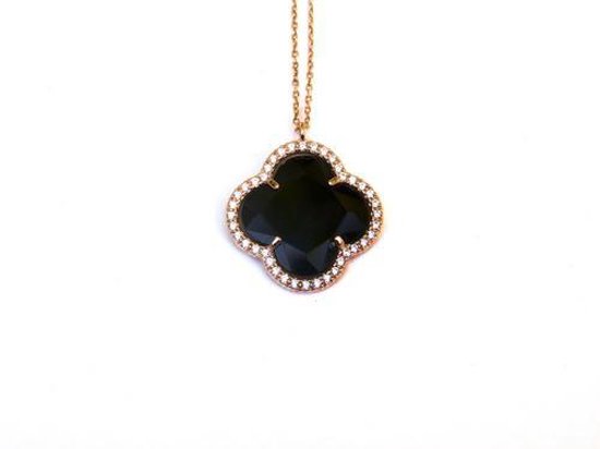 modèle Fiori serti collier en argent plaqué or rose trèfle noir et oxyde de zirconium
