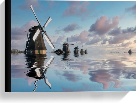 Canvas  - Rijnen Hollandse Molens in het Water - 40x30cm Foto op Canvas Schilderij (Wanddecoratie op Canvas)