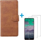 Bookcase Geschikt voor: Nokia 5.4 / 3.4 - Lichtbruin - portemonnee hoesje met 2 stuks Glas Screen protector