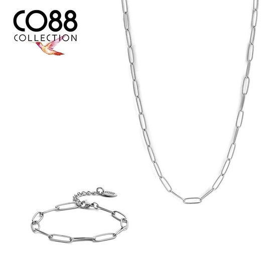 CO88 Collection 8CO-SET083 Stalen Sieradenset - Ketting met Armband - Ovale Schakels - 38 + 5 cm - 16,5 + 3 cm - Zilverkleurig