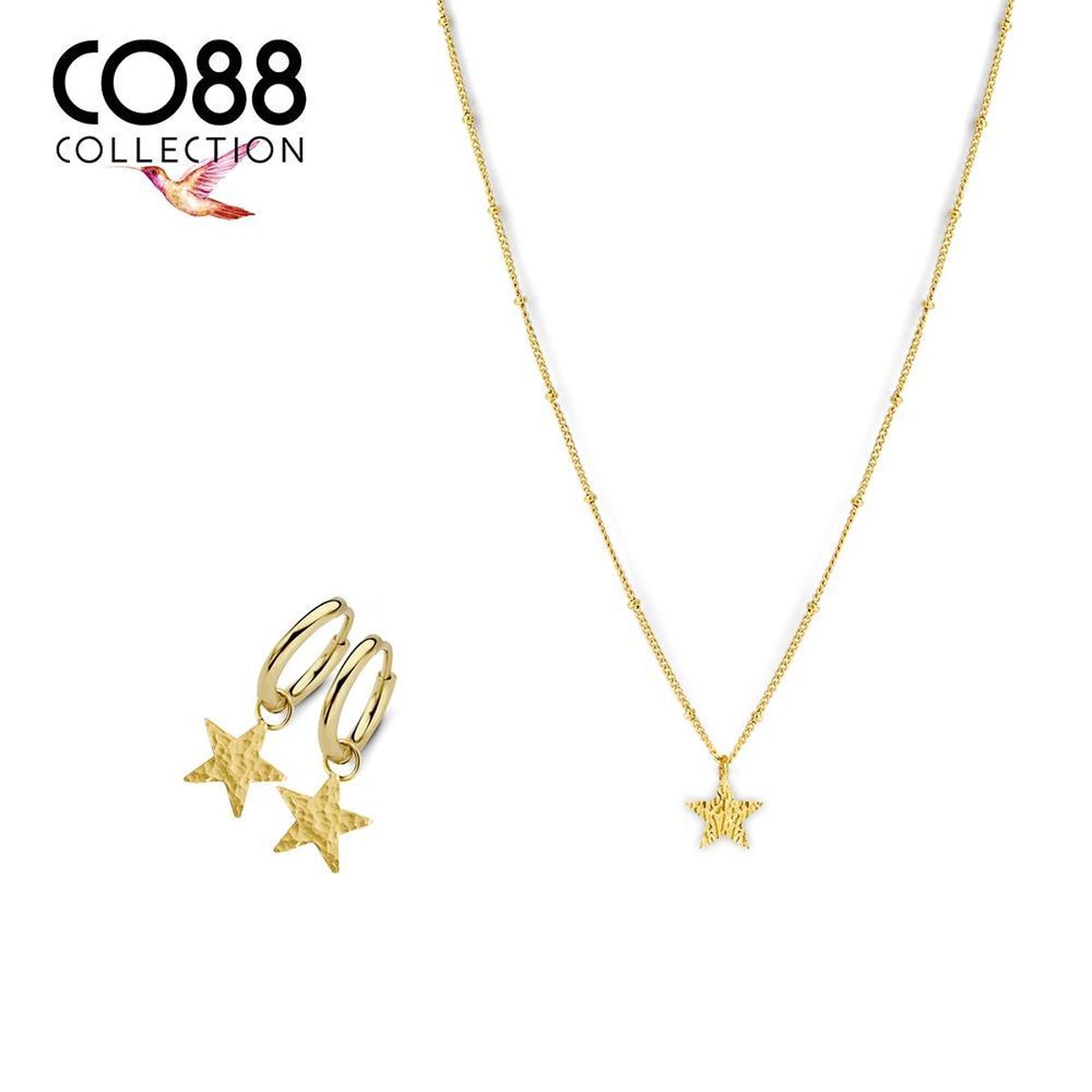 CO88 Collection 8CO-SET079 Stalen Sieradenset - Ketting met Hangertje - Oorringen met Hangertje - Ster - Bewerkt - 11 mm - Gourmette met Bolletjes - 45 + 5 cm - Goudkleurig