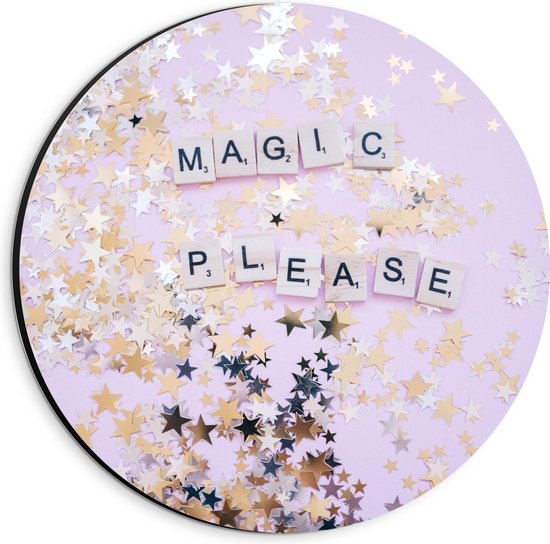 Dibond Wandcirkel - ''Magic Please'' met gouden Sterren - 20x20cm Foto op Aluminium Wandcirkel (met ophangsysteem)