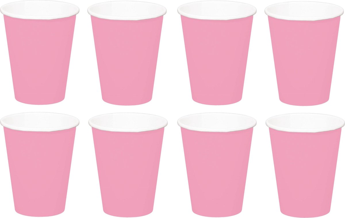 16x stuks drinkbekers van papier roze 350 ml - Uni kleuren thema voor verjaardag of feestje