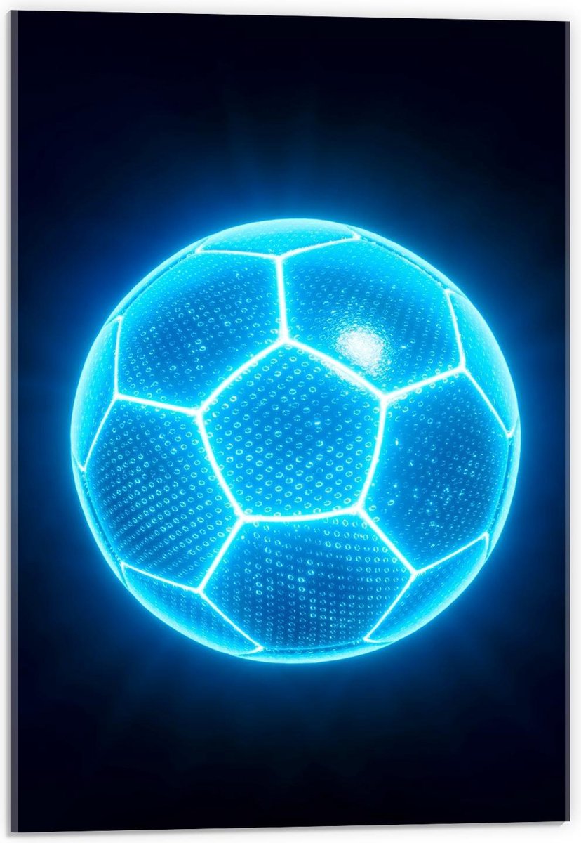 Acrylglas - Blauwe Neon Voetbal - 40x60cm Foto op Acrylglas (Wanddecoratie op Acrylglas)
