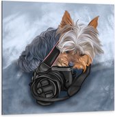 Dibond - Tekening van Hond met Camera - 100x100cm Foto op Aluminium (Wanddecoratie van metaal)