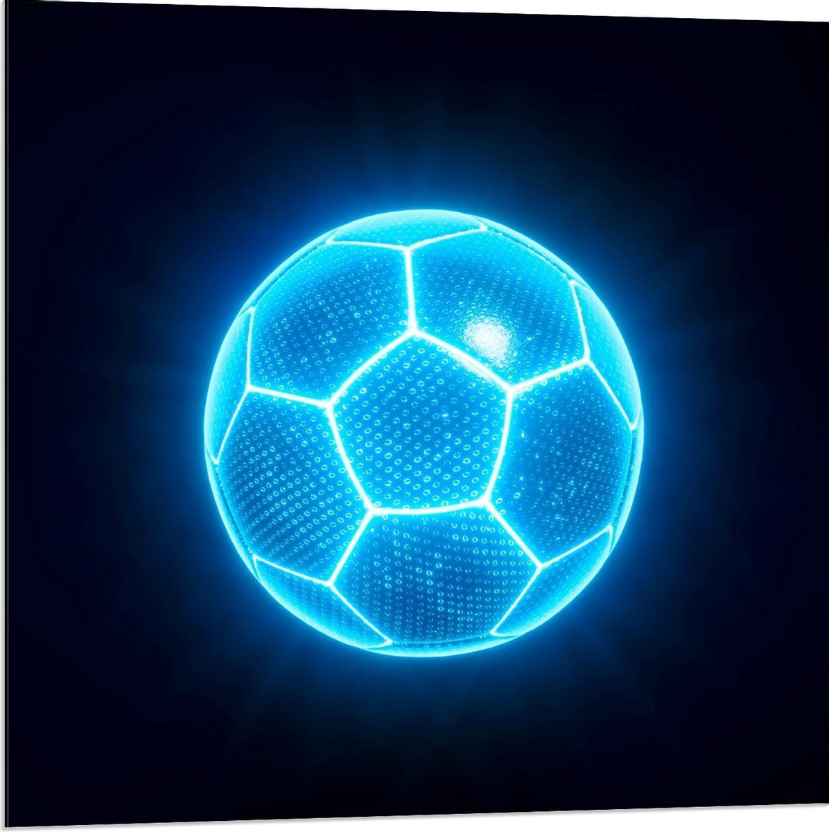 Dibond - Blauwe Neon Voetbal - 80x80cm Foto op Aluminium (Wanddecoratie van metaal)