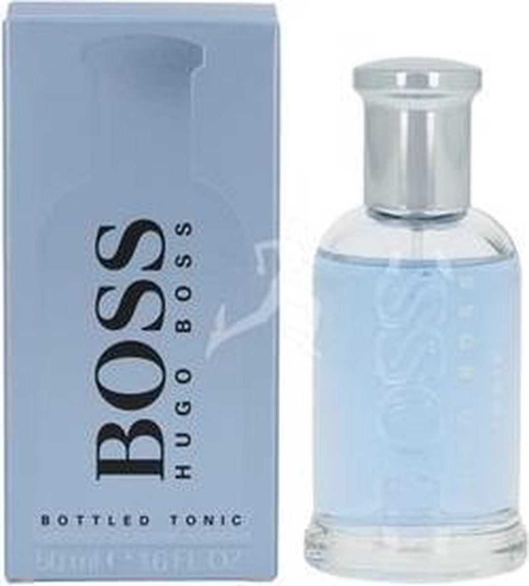 Fles BOSS Bottled Tonic eau de toilette voor heren, 50 ml. Heldere glazen fles met lichtblauwe vloeistof.