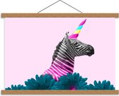 Schoolplaat – Zebra als Eenhoorn met Bloemen - 60x40cm Foto op Textielposter (Wanddecoratie op Schoolplaat)
