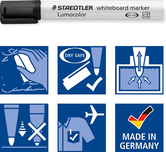Marqueur blanc Staedtler Lumocolor noir avec icônes correspondantes.