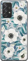 Samsung Galaxy A72 hoesje siliconen - Witte bloemen - Soft Case Telefoonhoesje - Bloemen - Blauw