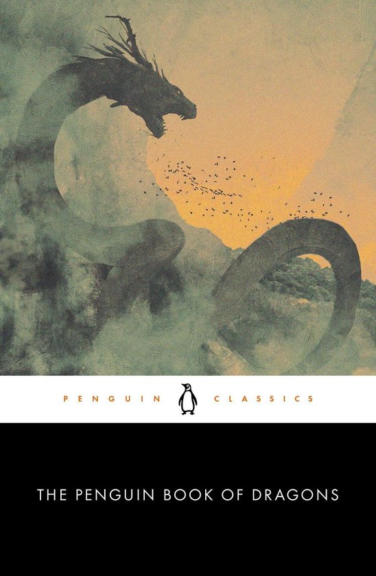 Boekomslag van 'The Penguin Book of Dragons' met een silhouet van een draak tegen een zonsondergang.