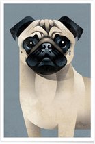JUNIQE - Poster Vintage mopshond -60x90 /Grijs