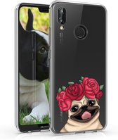 kwmobile telefoonhoesje voor Huawei P20 Lite - Hoesje voor smartphone in roze / beige / transparant - Mopshond met Bloemenkrans design