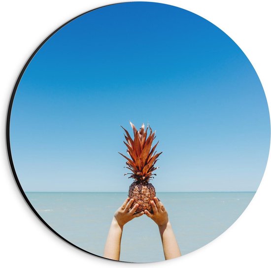 Dibond Wandcirkel - Gouden Ananas bij Zee - 20x20cm Foto op Aluminium Wandcirkel (met ophangsysteem)