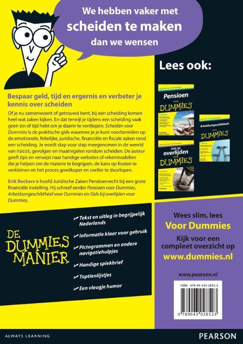Boekomslag 'Scheiden voor Dummies' met titel en illustratie van een persoon die wijst.