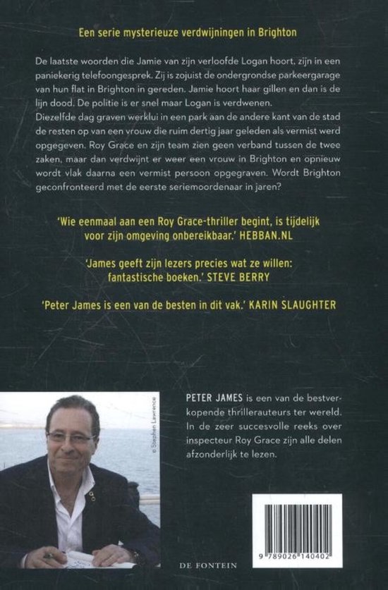 Achterkant boek "Tot in de dood" van Peter James met samenvatting en recensies. Foto van Peter James.