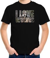 Tekst shirt I love wolves met dieren foto van een wolf zwart voor kinderen - cadeau t-shirt wolven liefhebber - kinderkleding / kleding M (134-140)