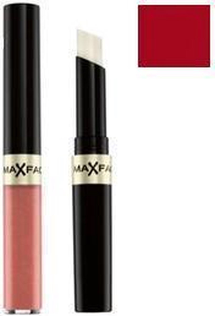 Max Factor Lipfinity verpakking, rood en goud met venster voor twee lippenstiften: rode en zwarte huls.