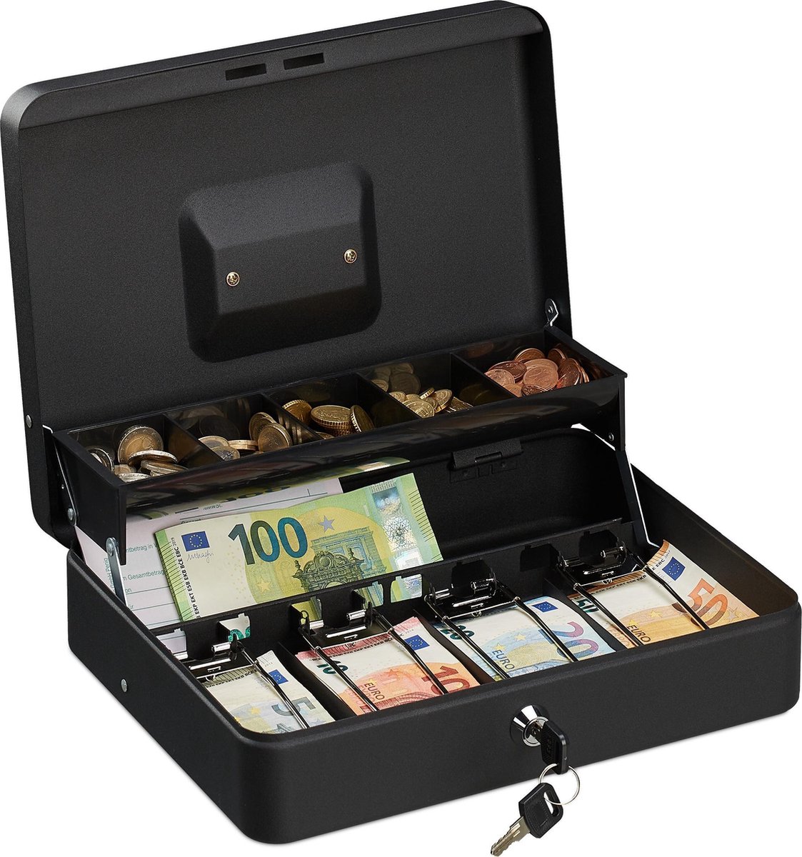 Relaxdays geldkistje met slot - metaal - geldkluis - geldcassette - 2 sleutels - vakken - zwart - Relaxdays