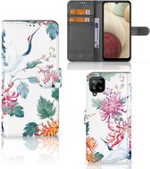 Telefoonhoesje Samsung Galaxy A12 Wallet Bookcase Bird Flowers