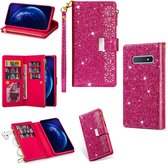 Voor Samsung Galaxy S10 Multi-kaartsleuven Sterrenhemel Lasergravure Glitter Rits Horizontale Flip Leren Case met Houder & Portemonnee & Lanyard (Rose Rood)