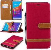 Kleurafstemming Denim Texture Leather Case voor Huawei Honor 7C / Enjoy 8, met houder & kaartsleuven & portemonnee & lanyard (rood)