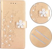 Voor Galaxy A30 Plum Blossom Pattern Diamond Encrusted Leather Case met houder & kaartsleuven & portemonnee (goud)