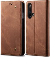 Voor OPPO Realme X50 denim textuur casual stijl horizontale flip lederen tas met houder & kaartsleuven & portemonnee (bruin)