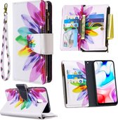 Voor xiaomi redmi 8a gekleurde tekening patroon rits horizontale flip lederen case met houder & kaartsleuven & portemonnee (zonnebloem)