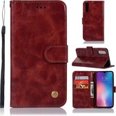 Voor xiaomi mi 9 retro koperen knop gek paard horizontale flip pu lederen case met houder & kaartsleuven & portemonnee & lanyard (wijnrood)