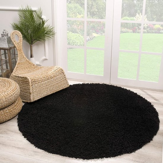 Impression Shaggy Rond Vloerkleed Zwart Hoogpolig - 80 CM ROND