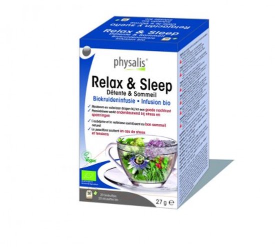 Physalis Relax & Sleep Biokruideninfusie, 20 biozakjes, met bloemen en kruiden in een kopje.