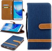 Leren hoesje in bijpassende denimtextuur voor Huawei Y9 2018 & Enjoy 8 Plus, met houder & kaartsleuven & portemonnee & lanyard (donkerblauw)