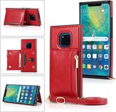 Voor Huawei Mate 20 Pro Vierkante Rits Portemonnee Tas TPU + PU Achterkant Case met Houder & Kaartsleuven & Portemonnee & Cross-body Riem (Rood)