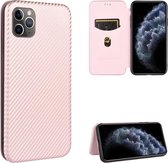 Voor iPhone 11 Pro Max Koolstofvezel Textuur Magnetisch Horizontaal Flip TPU + PC + PU lederen hoes met kaartsleuf (roze)