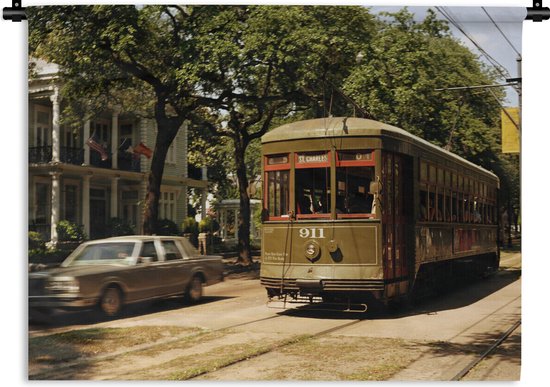Wandkleed Tram - Een oude tram in het Amerikaanse New Orleans Wandkleed katoen 60x45 cm - Wandtapijt met foto
