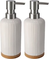 Set van 3x stuks zeeppompjes/zeepdispensers wit bamboe/keramiek 18 cm - Navulbare zeep houder - Toilet/badkamer accessoires