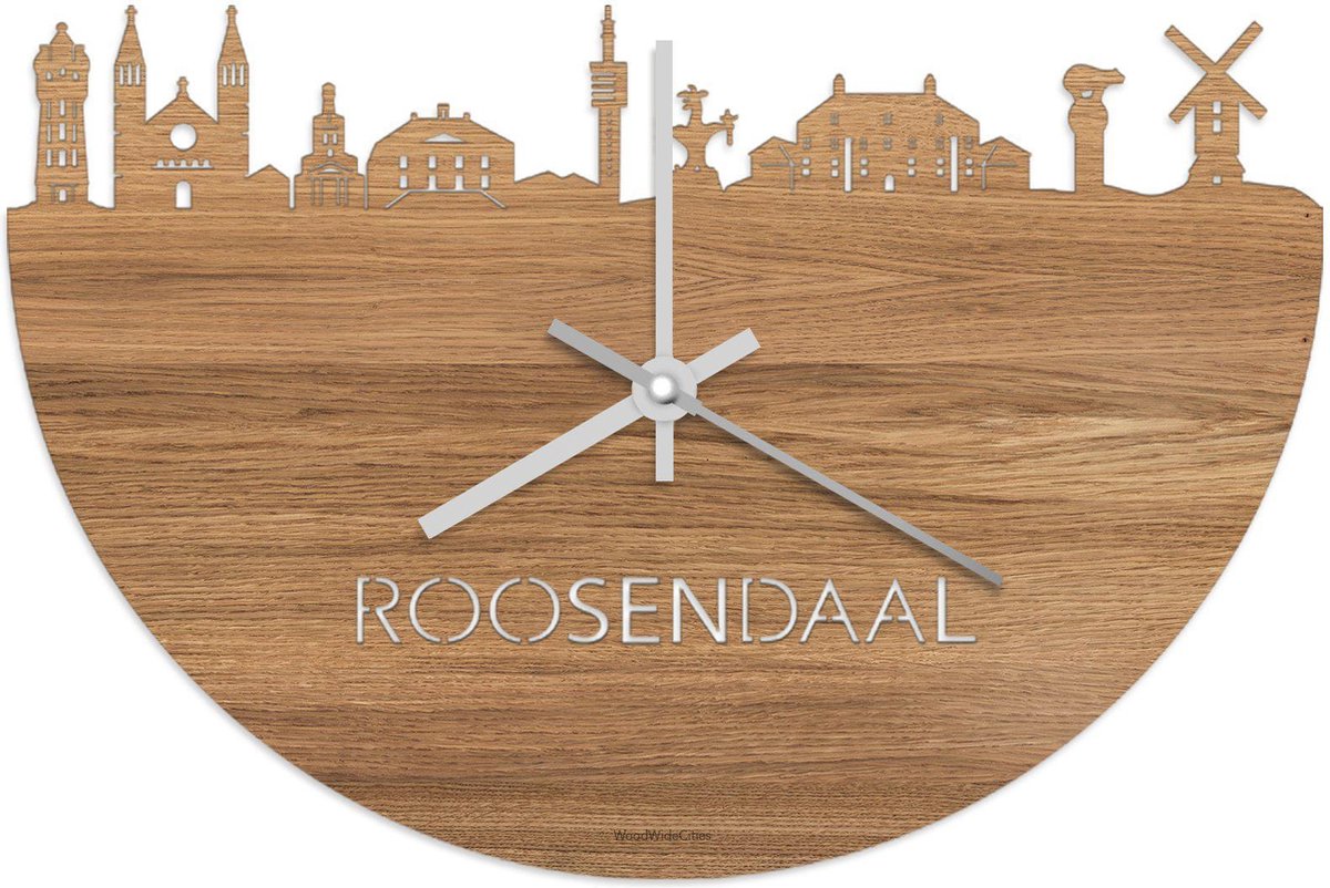 Skyline Klok Roosendaal Eikenhout - Ø 40 cm - Stil uurwerk - Wanddecoratie - Meer steden beschikbaar - Woonkamer idee - Woondecoratie - City Art - Steden kunst - Cadeau voor hem - Cadeau voor haar - Jubileum - Trouwerij - Housewarming -
