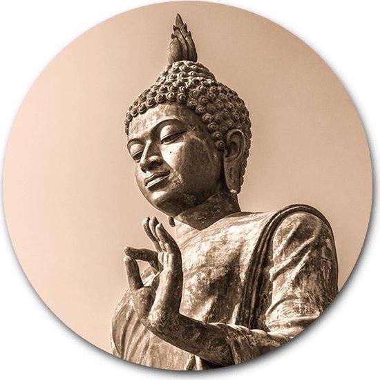 Wandcirkel Statue Buddha op hout - WallCatcher | Multiplex 80 cm rond | Houten muurcirkel Boeddha standbeeld