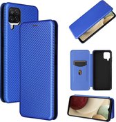 Voor Samsung Galaxy A12 / M12 koolstofvezel textuur magnetische horizontale flip TPU + pc + PU lederen tas met kaartsleuf (blauw)