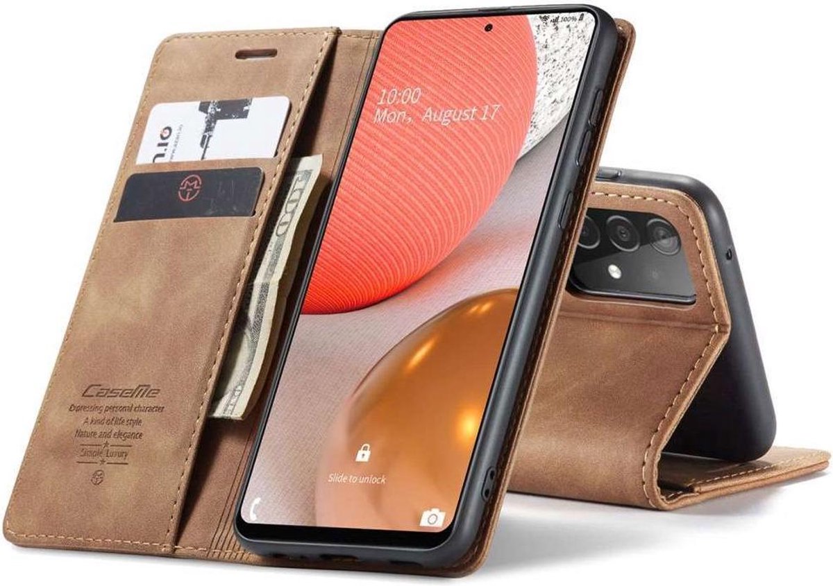 CaseMe Bookcase hoesje geschikt voor Samsung Galaxy A72 - Effen Tan - Kunstleer