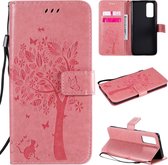 Voor Huawei Honor 30 Pro Tree & Cat reliÃ«fpatroon Horizontale flip lederen tas met houder & kaartsleuven & portemonnee & draagkoord (roze)