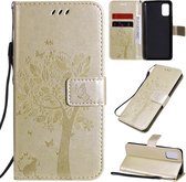 Voor Samsung Galaxy A41 Tree & Cat reliÃ«fpatroon Horizontale flip lederen tas met houder & kaartsleuven & portemonnee & draagkoord (goud)