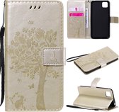 Voor Huawei Y5p Tree & Cat reliÃ«fpatroon Horizontale flip lederen tas met houder & kaartsleuven & portemonnee en lanyard (goud)