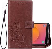 Lucky Clover Pressed Flowers Pattern Leather Case voor Galaxy J8 (2018), met houder & kaartsleuven & portemonnee & draagriem (bruin)